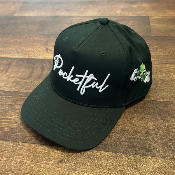 Script / Money Hands - Forest Green/ White SnapBack Hat - Green/ White Design