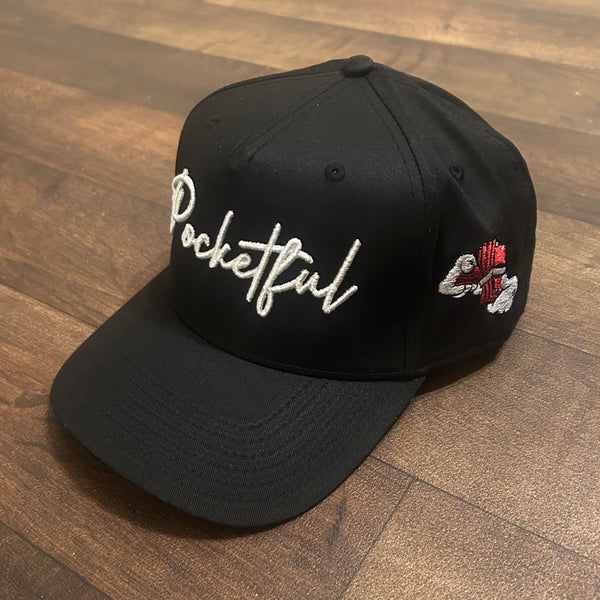 Script / Money Hands - Black SnapBack Hat - White/ Red Design